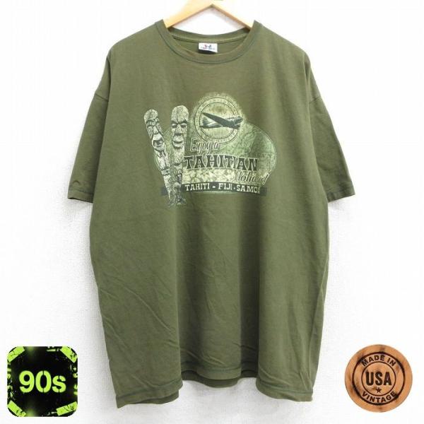 XL/古着 半袖 ビンテージ Tシャツ メンズ 90s タヒチアン 石像 飛行機