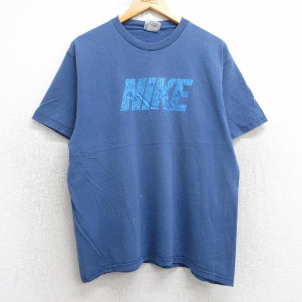 90s usa ビンテージ コットン ノーカラー ネイビー 半袖シャツ 古着 NIKE（ナイキ） L/古着 半袖 ビンテージ Tシャツ メンズ 90s