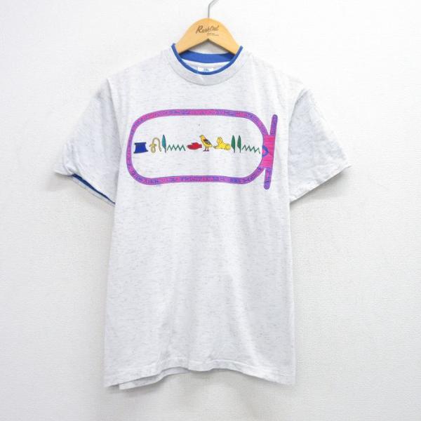 M/古着 半袖 ビンテージ Tシャツ メンズ 90s カルトゥーシュ コットン クルーネック 白 ホワイト 霜降り 25aug09 中古 5OF
