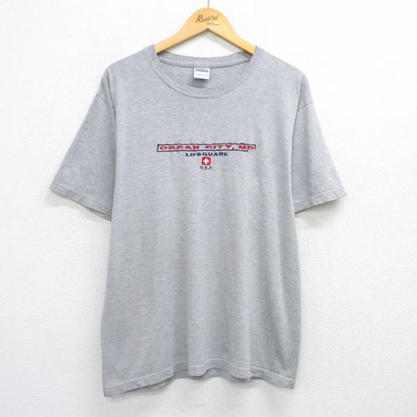 L/古着 半袖 ビンテージ Tシャツ メンズ 00s OGEAN CITY 刺繍 コットン クルーネック グレー 霜降り 25aug12 中古 5OF
