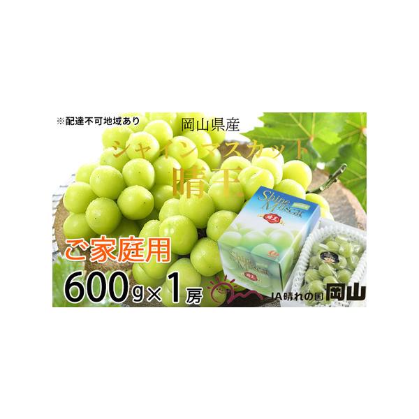 ■ 容量　ご家庭用 シャインマスカット 晴王 約600g×1房　岡山県内産（5条8号ハ）　※お届け日、時間の指定は申し訳ないですが、お受けできません。　※ご家庭用としての内容です。少し形が良くなかったり、色むらがあるものが含まれますのでご了...