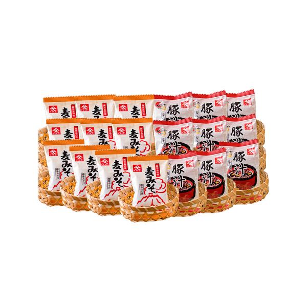 ■ 容量　即席みそ汁95g［9.5g×10食］　即席豚汁120.6g［13.4g×9食］　　原材料：【即席みそ汁】麦みそ、油揚げ、乾燥ねぎ、乾燥わかめ　【即席豚汁】麦みそ、豚肉、ごぼう、人参、油揚げ　賞味期限：1年　アレルギー：小麦、さば、...