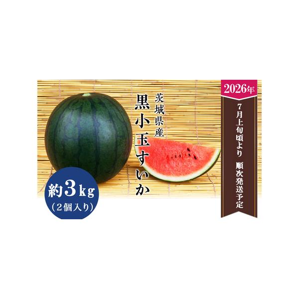■ 容量　茨城県産黒小玉すいか 3kg（2個）■ 配送について　7月上旬〜7月下旬頃 発送予定　（天候などの影響や育成具合により、発送時期が変動する場合があります）　タイプ：【常温】