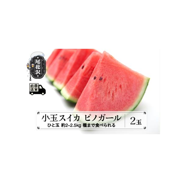 ■ 容量　尾花沢産小玉スイカ 　ピノガール(約2~2.5kg)×2玉■ 配送について　令和8年7月中旬から8月上旬頃順次発送　※天候及び生育状況により前後する場合があります。　※配送日の指定はできませんのでご了承ください。　（配送時間は指定...