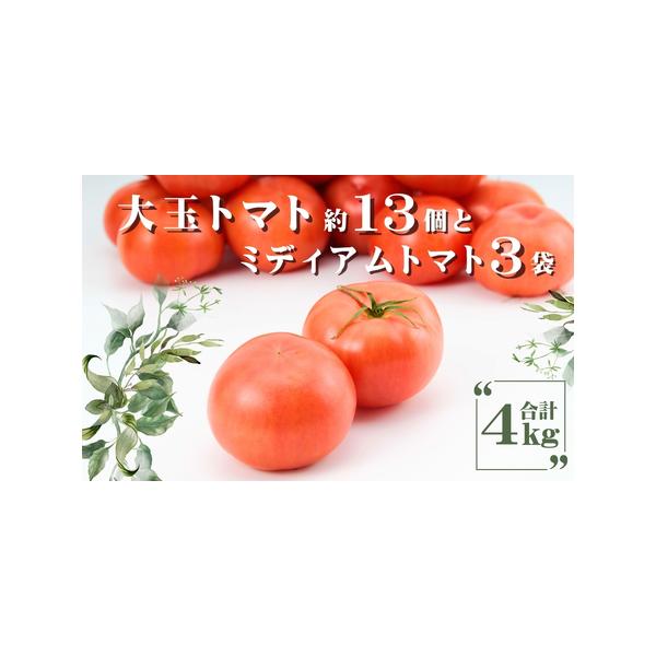 ■ 容量　大玉トマト13個前後とミディアム３袋の詰め合わせ（計４kg程度）■ 配送について　受付期間　12〜翌6月　　発送時期　入金確認後1〜2か月程度（2日以上不在の期間がある際は備考欄に記入願います）　　発送不可地域：北海道・沖縄県・離...