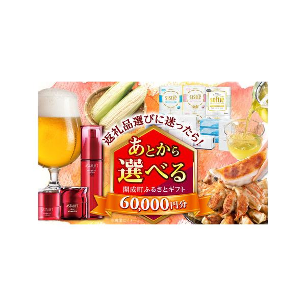 ■ 容量　【あとから選べる】開成町ふるさとギフト 6万円分■ 配送について　ご入金確認後、2週間以内にメールにて専用フォームログイン情報をお送りします。　返礼品の発送は、各返礼品ページの納期をご参考ください。　タイプ：【常温】