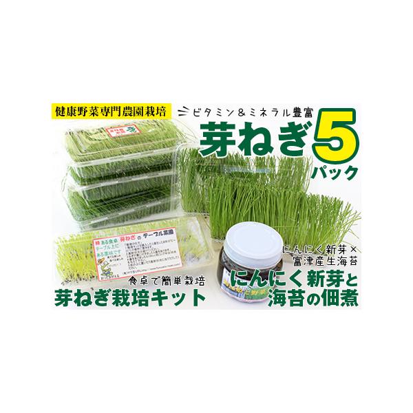 ■ 容量　・芽ねぎ5パック　・芽ねぎ栽培キット1パック　・にんにく新芽と海苔の佃煮1個　　消費（賞味）期限：芽ねぎは鮮度の良い内にお召し上がりください。佃煮は表示ラベルに記載。　　アレルギー：原材料の一部に小麦、大豆を含む・原材料の一部は、...