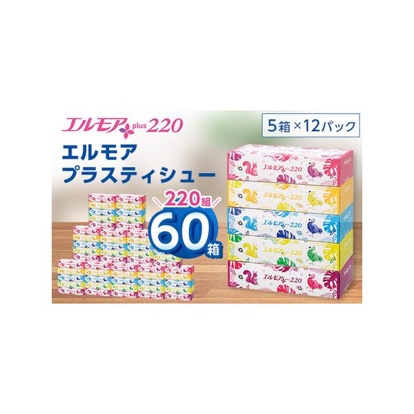 ふるさと納税 エルモアプラスティシュー220組　5箱×12パック(60箱)【離島・沖縄県不可】_ティッシュ ティッシュペーパー 日用品 消耗品 ま.. 栃木県佐野市
