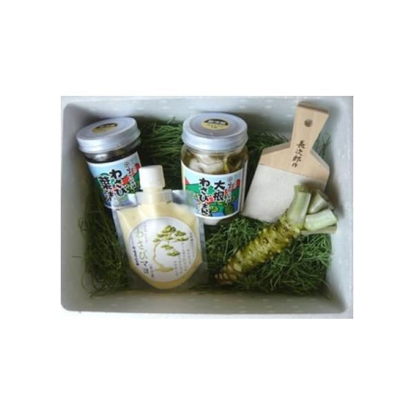 容量・わさび葉漬：160g×1本・大根わさび漬：280g×1本・シェフスタイルわさびマヨ：100g×1袋・生わさび：1本・鮫皮おろし板×1個消費期限【わさび葉漬】40日間／【大根わさび漬】50日間／【シェフスタイルわさびマヨ】180日間／【...