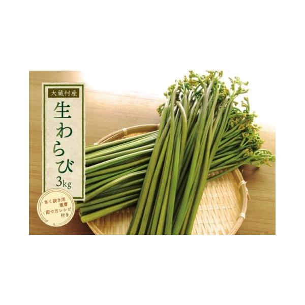 容量生わらび　約3kg（重曹付き）消費期限※生の状態でお届けするため、到着後はなるべくお早めにお召し上がりください。発送期日令和8年5月下旬〜6月下旬配送冷蔵 時間指定 別送申込期日令和8年6月上旬頃まで申込条件何度も申し込み可、オンライン...