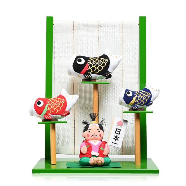 商品サイズ：間口33×奥行22×高さ45cm『桃太郎物語』桃太郎が、日本一の旗を持ち鬼退治に向かいます。皐月の空を元気に家族で泳ぎます。縮緬裂地で丁寧に桃太郎・鯉を丁寧に造りました。