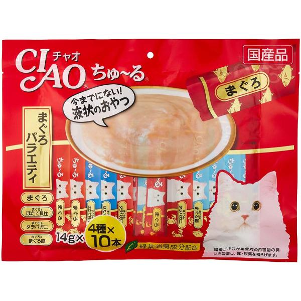 ちゅるっと出して舐めるだけで簡単に水分補給、栄養補給ができる猫用の液状おやつ。おやつとして与えたり、普段のごはんに混ぜたり、お薬を服用するときに混ぜたりと、使用用途はいろいろ。4種類の味が入ったバラエティパック。緑茶消臭成分配合で糞尿のにお...
