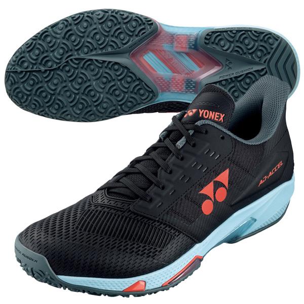 パワークッションアドアクセル ワイドGC【メーカー】ヨネックス/YONEX【カラー】572：ブラック／スカイブルー【素材】アッパー：合成繊維+合成樹脂ミッドソール：合成樹脂アウトソール：ゴム底【足幅】4Eワイド【対応コート】クレー・砂入り人...