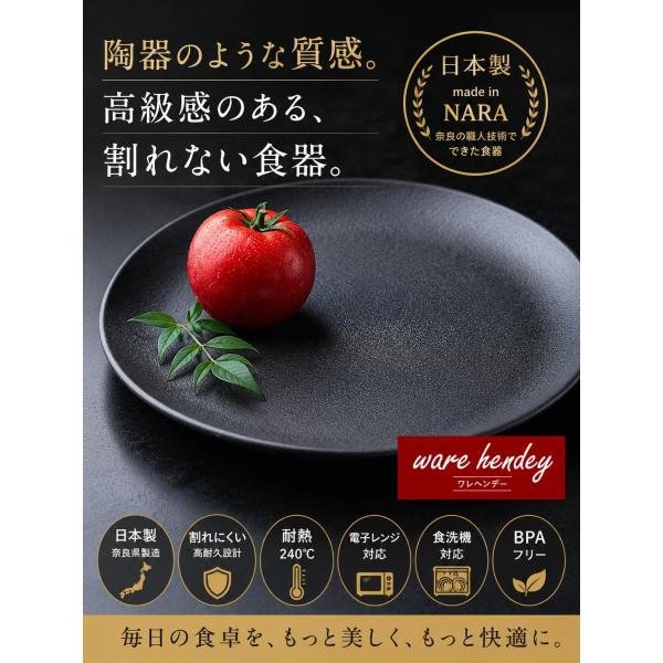 【ware hendey】プレーン皿24cm 割れない皿 日本製 ブラック 耐熱240℃ 食洗機対応 電子レンジ対応 BPAフリー 1個