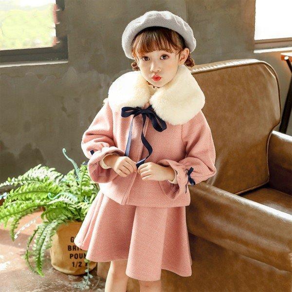 韓国子供服 セットアップ 女の子 冬服 長袖 コート+ワンピース 厚く