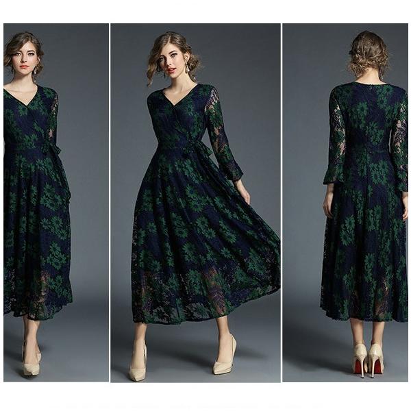 ロング丈 ワンピース パーティードレス Vネック レース 花柄 長袖 結婚式 発表会 大きいサイズ 青 緑 紺 ブルー グリーン ネイビー Buyee Buyee 日本の通販商品 オークションの代理入札 代理購入