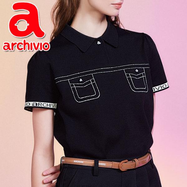 archivio（アルチビオ） ゴルフ ステッチ風プリントニットポロシャツ