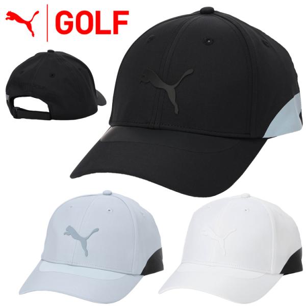 フロントにCATマーク。左サイドにフォームストリップマークのプリント。バックにPUMAGOLFロゴ刺繍。庇にサングラス防滑用プリント。バックベルトはゴム付きベルクロアジャスター。ポリエステル100％