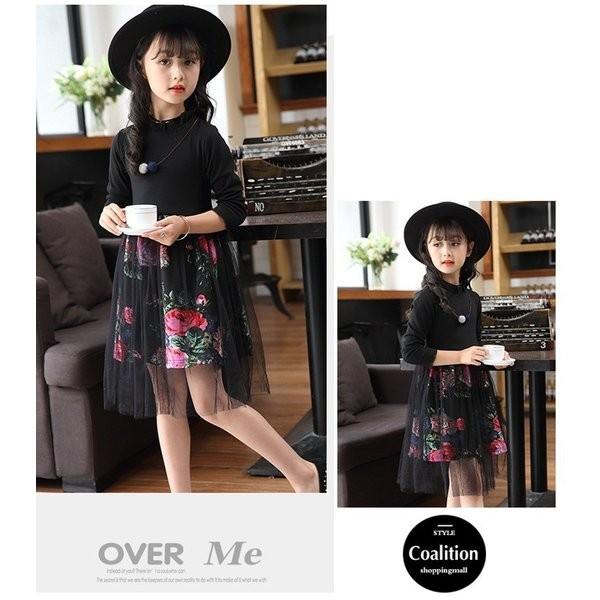 子ども服ワンピース長袖秋冬韓国子供服ワンピースガールズ花柄ホワイトブラック110cm1cm130cm140cm150cm160cm Supersport Tn
