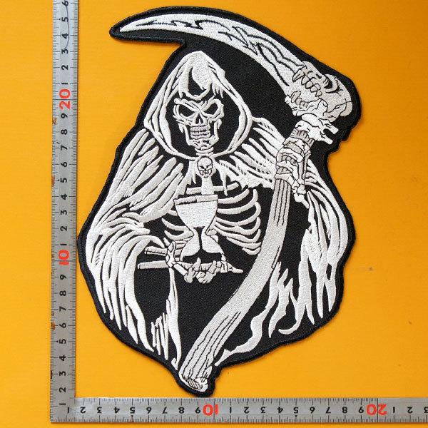 大きい刺繍アイロンワッペン アップリケ パッチ【死神と砂時計】DEATH スカル ドクロ サイコビリー ホラー 大人向け 背中 手芸