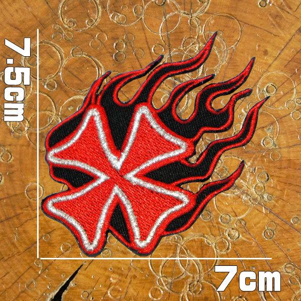 HWY ワークジャケット ブラック L 刺繍ワッペン ファイヤーパターン 刺繍 アイロン ワッペン【ファイヤークロス】赤 銀 黒 7.5x7cm クロス