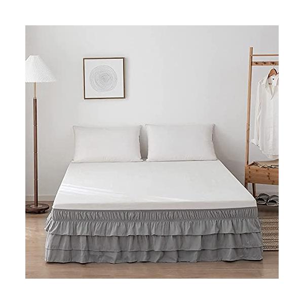 Hikki ベッドスカート シングル 簡単フィット ベッド用 伸縮性 フリル付き ベッド飾り 無地 ホコリ防ぎ ベッドルーム 雰囲気アップ ホワイト グレー
