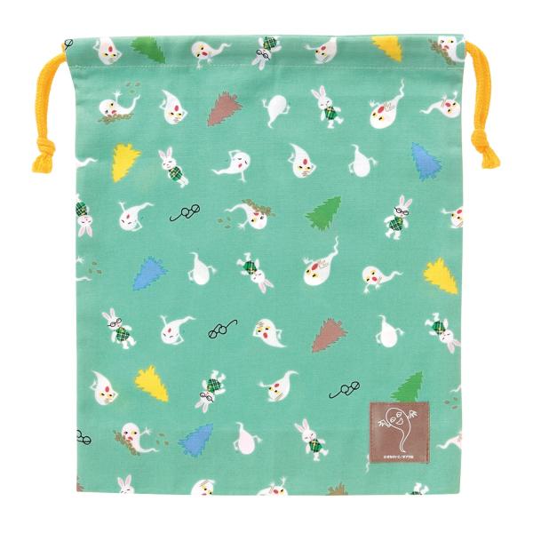 ランチタイムが楽しくなる♪ロングセラー絵本「めがねうさぎ」シリーズのイラストの巾着袋です。代表作の「めがねうさぎ」のおばけが、うさこと一緒に森でめがねを探している姿がかわいいデザインです。めがねはどこにあるのでしょう？大き目サイズで大きなお...