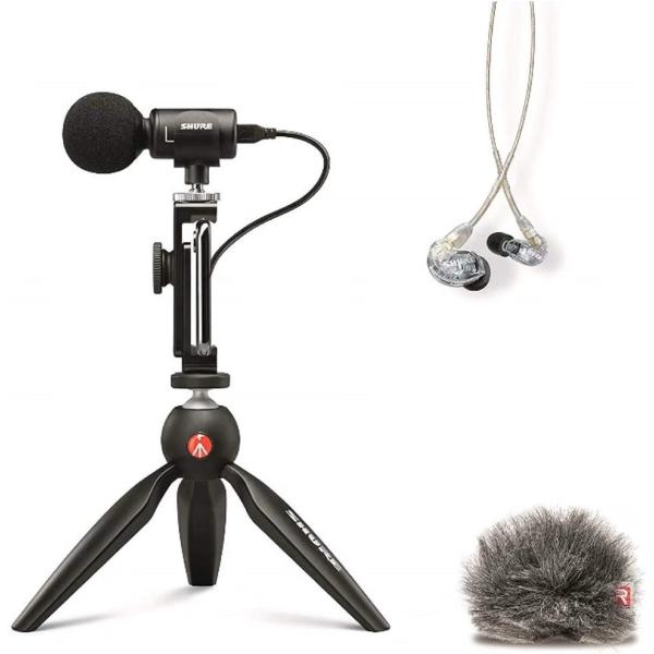 SHURE MV88+SE215-CL-A ポータブル動画撮影キット : ステレオコンデンサーマイク iOS Android "MV88+ &amp; イヤホン &amp; ウィンドジャマー"