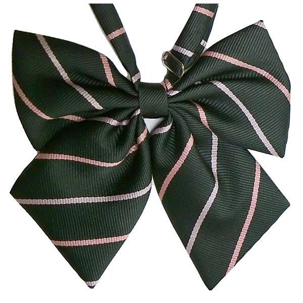 CandySugar(キャンディシュガー）黒(メーカー発表はダークグリーン）に濃淡ピンクのストライプのスクールリボン★ストラップは長めなので衿周りが小さい場合や、第一ボタンを留めて着用する場合には少しつまんで縮めてください。★★当社取扱いの...