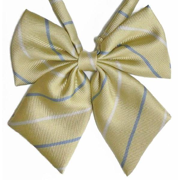 CandySugar(キャンディシュガー）スモーキーイエローにサックスとシルバーグレーのストライプのスクールリボン★ストラップは長めなので衿周りが小さい場合や、第一ボタンを留めて着用する場合には少しつまんで縮めてください。★★当社取扱いのセ...