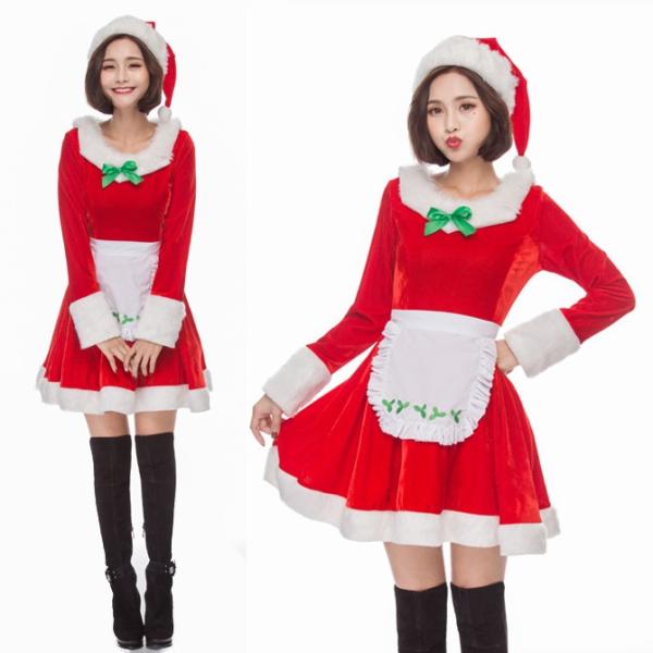 クリスマス サンタ Xmas サンタクロース 可愛い 新作送料無料 帽子付き ワンピース メイドさん コスプレ衣装 Sdps050