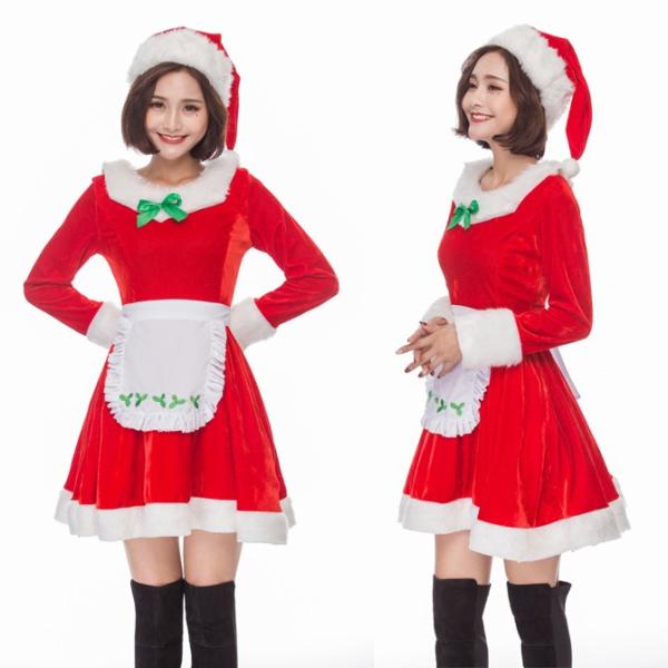 クリスマス サンタ Xmas サンタクロース 可愛い 新作送料無料 帽子付き ワンピース メイドさん コスプレ衣装 Sdps050