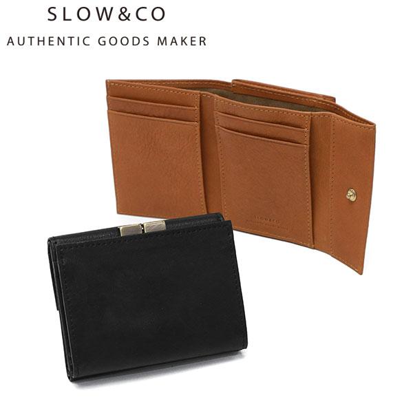 美品】SLOW&CO がま口 三つ折り レザー財布 黒 本革 SLOW（スロウ