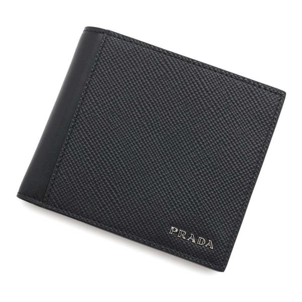プラダ 二つ折り財布 サフィアーノ レザー ロゴPRADA 財布 メンズ 黒