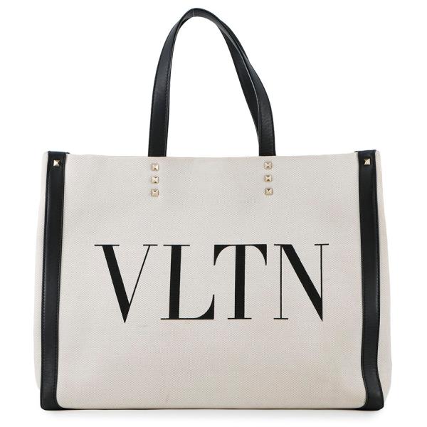 超美品 Valentino Garavani ヴァレンティノ ガラヴァーニ VLTN ロックスタッズ TW2B0D21FWB トートバッグ キャンバス レザー ナチュラル ショッピングバッグ【本物保証】 ヴァレンティノ・ガラヴァーニ トートバッグ VLTNロゴ ロックスタッズ
