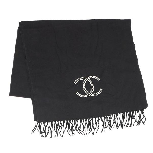 シャネル マフラー ココマーク フェイクパール カシミヤ CHANEL 黒