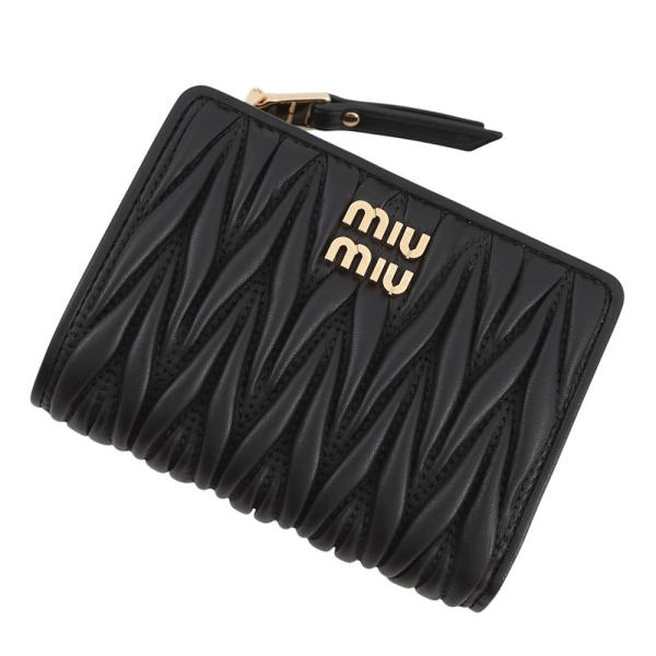 ミュウミュウ 二つ折り財布 マテラッセ ロゴ レザー 5ML075 Miu 黒