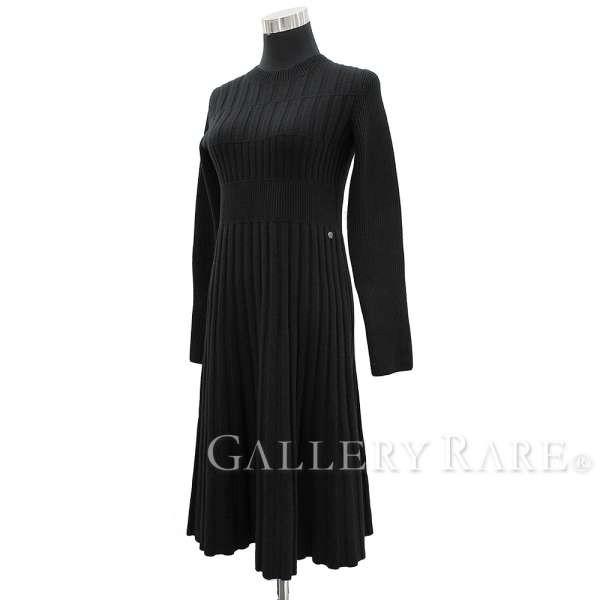 シャネル ワンピース ニット ドレス ロング ココマーク ウール プリーツ 18b 蔵 黒 18aw フレア レディースサイズ36 Chanel P