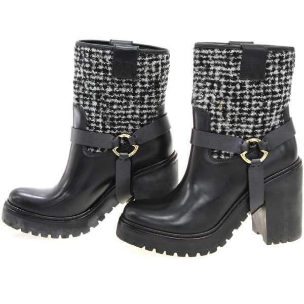 モンクレール ブーツ ツイード レザー ミドルブーツ Moncler 数量限定アウトレット最安価格 靴 レディースサイズ38