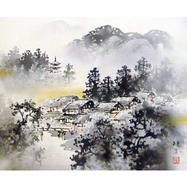 掛け軸 荒川勝英 水墨山水 絹本 希少 軸装 茶道具 掛軸 美品 共箱 二重箱