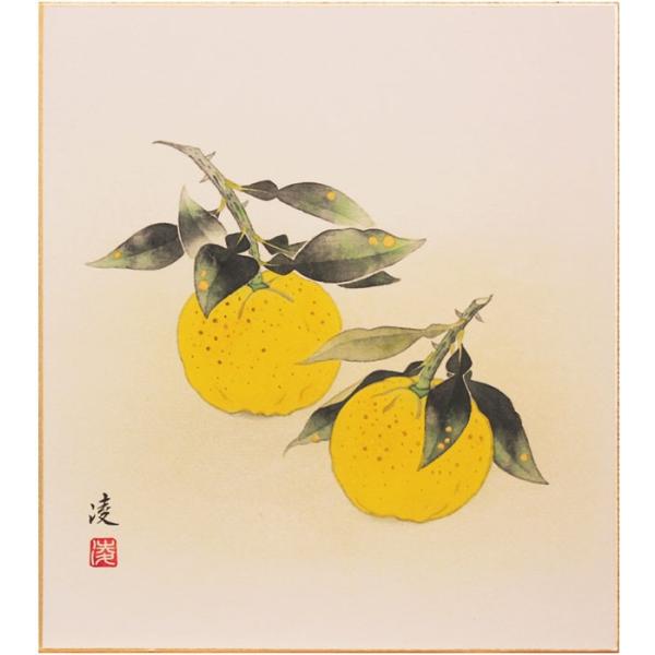 中村 凌 「 柚子 」 色紙絵 絵画 日本画 冬の色紙 ゆず ユズ 魔除け 