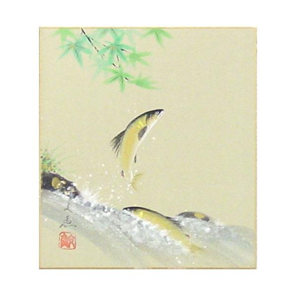 【真作】絵画　日本画（色紙）　鮎図　魚と水草　和の美　W165 真作】絵画 日本画（色紙） 鮎図 魚と水草 和の美 W165 絵画
