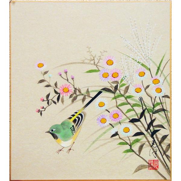 絵画　小原和紙　【野菊】 楠田誠春 『小菊』 色紙絵 絵画 日本画 花 秋 ネコポス メール便