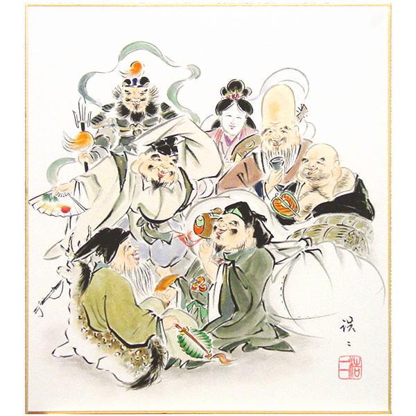 佐藤浩二 「 七福神 」 色紙絵 絵画 日本画 縁起 お祝い お正月 佐藤浩二 「 七福神 」 色紙絵 絵画 日本画 縁起 お祝い お正月