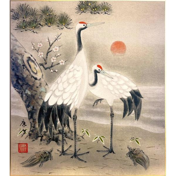 中西康多 「 松竹梅鶴亀 」 色紙絵 絵画 日本画 縁起 お正月 中西康多 「 松竹梅鶴亀 」 色紙絵 絵画 日本画 縁起 お正月