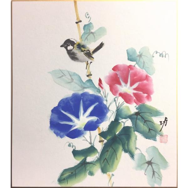 【真作】絵画　日本画（色紙）　朝顔一輪　涼風を誘うやわらかな筆致　X146 真作】絵画 日本画（色紙） 朝顔一輪 涼風を誘うやわらかな筆致 X146