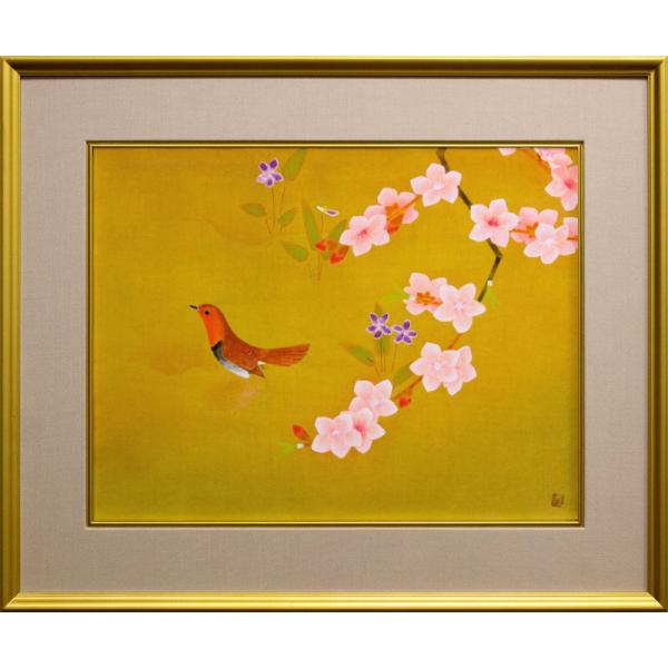 上村淳之 「 小禽」 木版画 P10 ( 10号 ) サイズ　　　　版画 日本画 絵画 桜の花 春 花鳥 桜 すみれ こまどり 文化勲章作家 送料無料