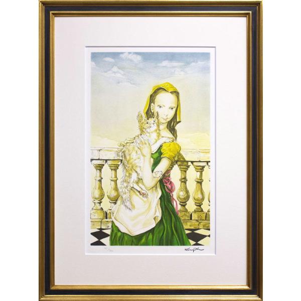 藤田嗣治 猫と少女 1951 Paris 石版画 リトグラフ 君代コレクション 藤田嗣治 「 バルコニーの猫と少女 Jeune fille au chat balcon