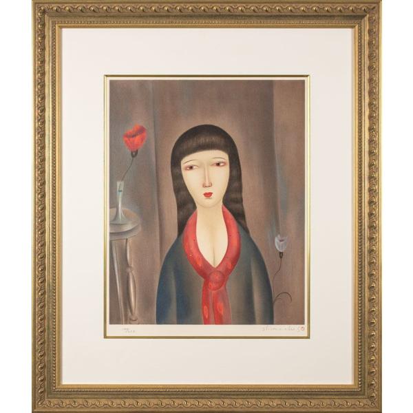 斎藤真一 「 赤いスカーフの女 」 リトグラフ 版画 版画 絵画 洋画