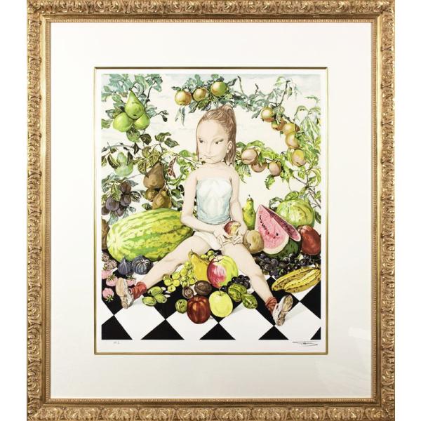 藤田嗣治 「 少女と果物 」 リトグラフ 版画　 絵画 洋画 女の子 少女 カラフル かわいい フランス パリ フジタ くだもの すいか 洋ナシ りんご バナナ ぶどう
